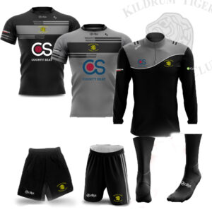 Kildrum Tigers FC – Adults Pack 1:  Jersey Black, Jersey Grey, Half Zip, Leisure Shorts, Shorts & Socks